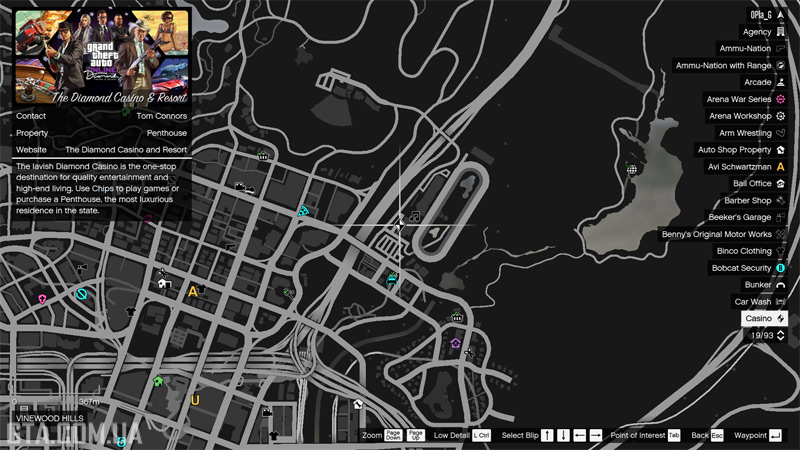 Casino location marker on the map.