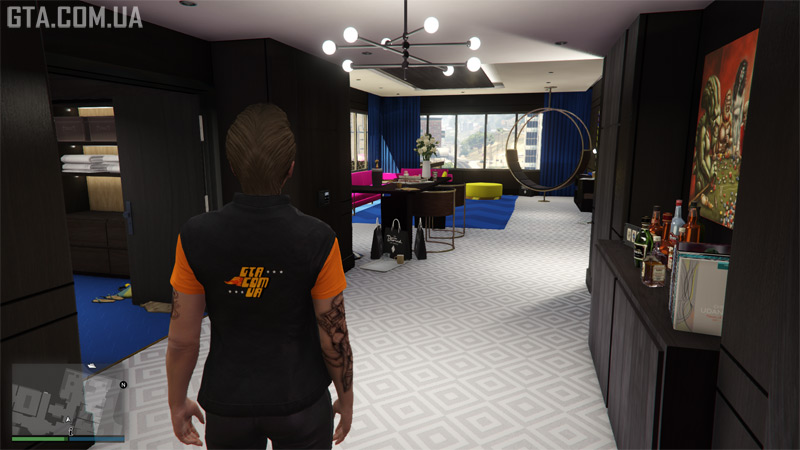 Living Room. Left — Wardrobe. Right — whiskey bar. On the wall — Radio Station controls.