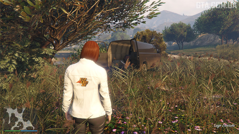 Clue #5, second possible location. A black Vapid Speedo van with a machete and blood-soaked trash bags near the main entrance to the military base in Lago Zancudo.