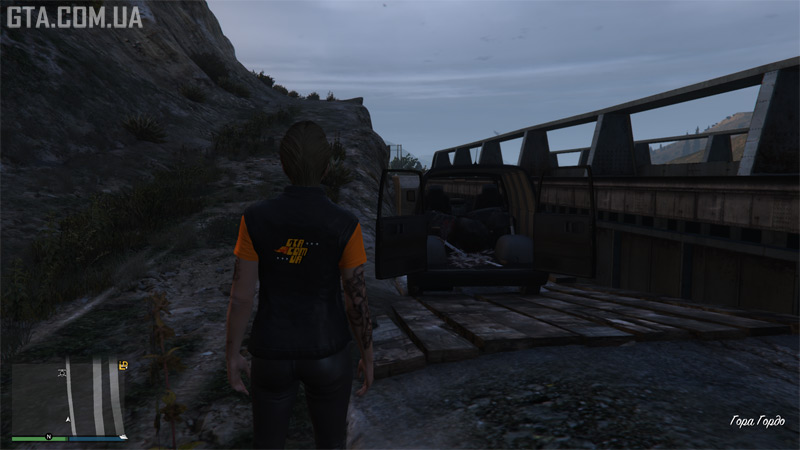 Доказ #5, третє можливе місце. Чорний фургон Vapid Speedo з мачете та сміттєвими мішками у крові уздовж залізничної колії під горою Гордо.