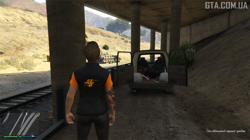 Доказ #5, четверте можливе місце. Чорний фургон Vapid Speedo з мачете та сміттєвими мішками у крові під автомобільною естакадою в районі крамниці You Tool.