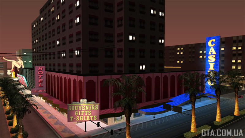 Casinos on the Old Strip. How many establishments can you count in this shot? Two (based on design styles) or three (based on signage)?
