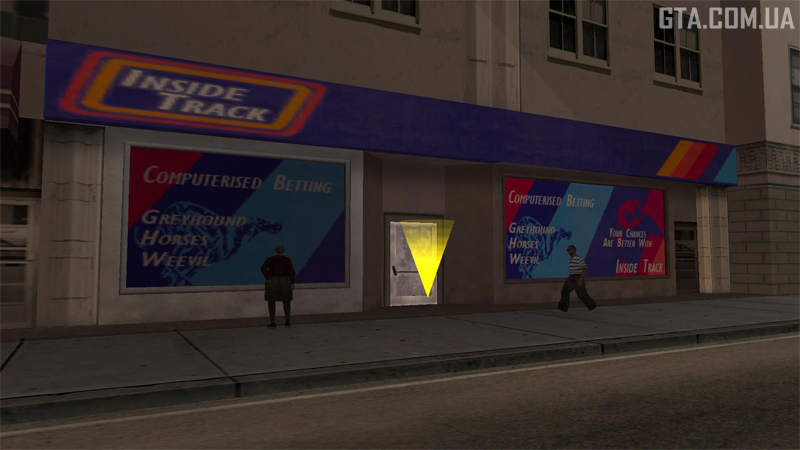 Inside Track in Los Santos, GTA: San Andreas. Ads for greyhound races and bug races are visible — though these don’t exist in the actual game.