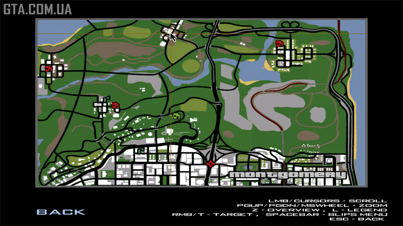 Bookmaker locations marked on the map: in Los Santos — with a red marker, in Montgomery — with a mouse cursor.