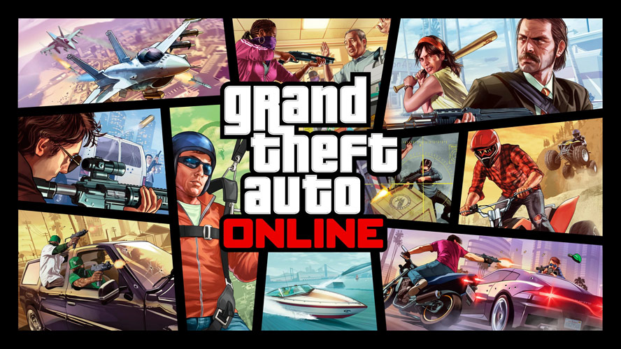 Обложка базовой версии GTA Online (2013) в полюбившемся стиле, но в непривычном горизонтальном исполнении.