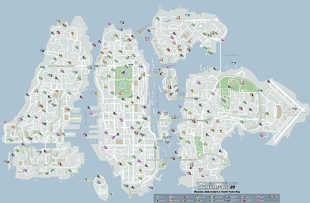 Карта оружия, брони, аптечек GTA 4