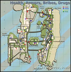 Карта с отмеченными здоровьем, бронежилетами, взятками, таблетками