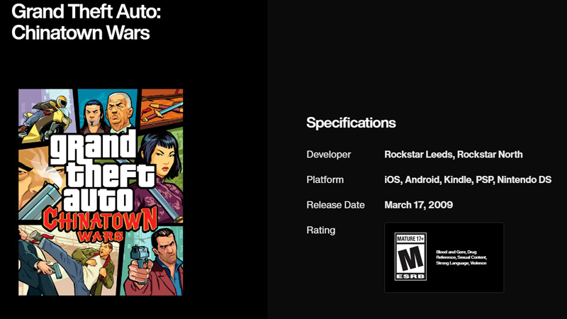 Дата релиза GTA: Chinatown Wars, указанная на официальном сайте Rockstar Games.