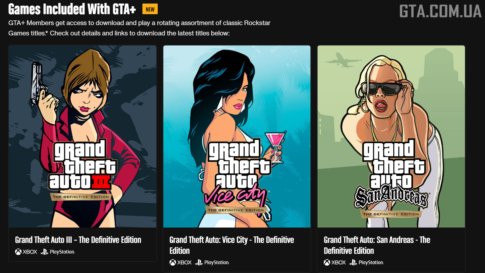 Новый раздел на странице GTA+, посвящённый доступным по подписке играм.