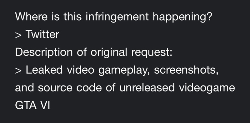 Информация из запроса Take-Two касательно удаления сливов GTA 6.