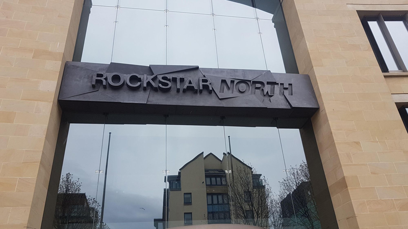 Вивіска над головним входом в офіс Rockstar North.