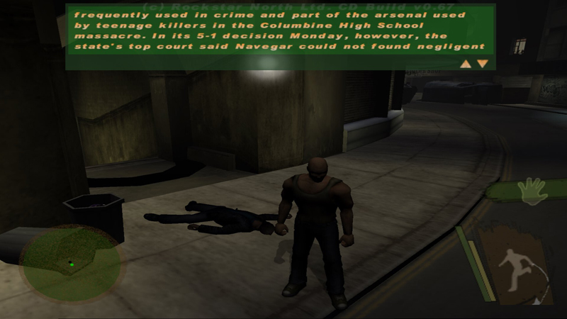 Скриншот из ранней версии Manhunt. Там даже находилось место упоминанию Колумбайна.