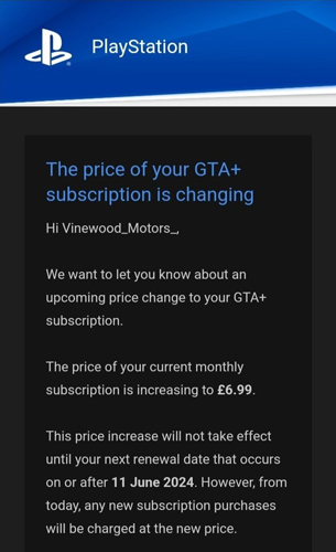 Лист зі сповіщенням про підвищення ціни на GTA+.