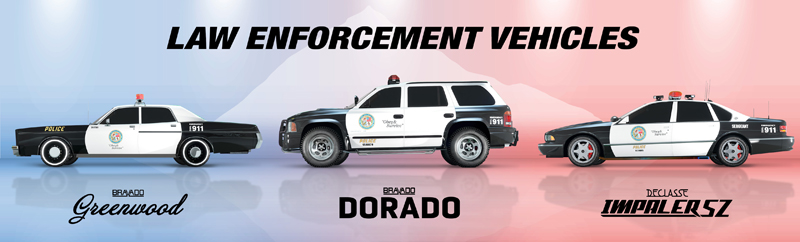 Новый полицейские автомобили: Bravado Greenwood Cruiser, Bravado Dorado Cruiser и Declasse Impaler SZ Cruiser.