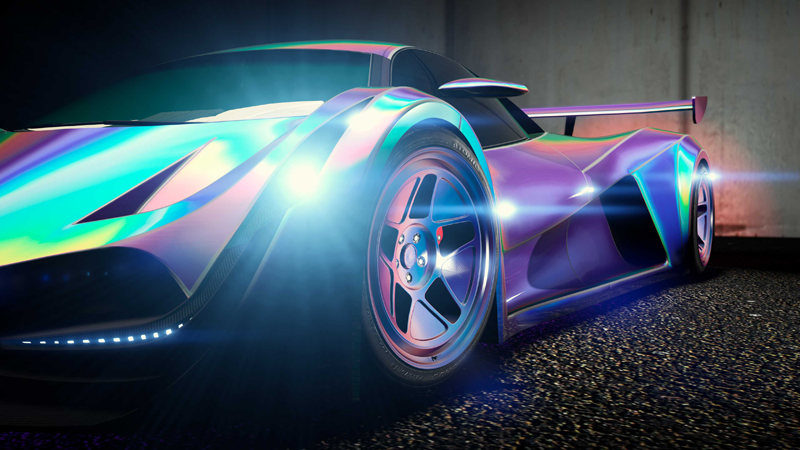 Chameleon paints 'Purple Prismatic Pearl' for vehicles and 'Blue-Pink Iridescent' for wheels.