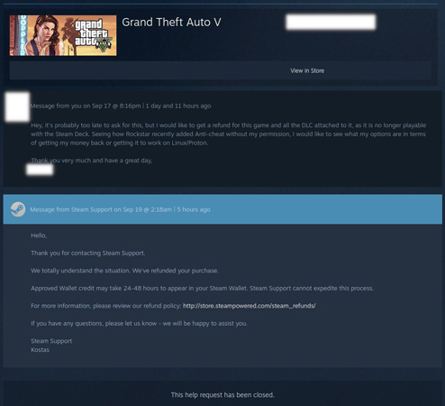 Refund for GTA 5 approved on Steam.