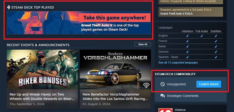 Notice of one of the most popular games on Steam Deck alongside a note of its incompatibility with the device.