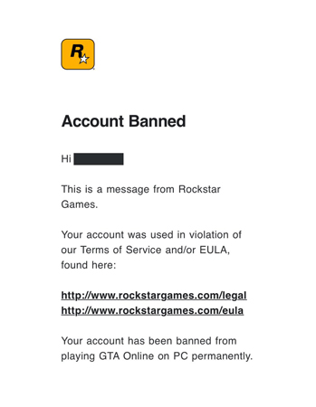 Лист від Rockstar Games про бан акаунту.