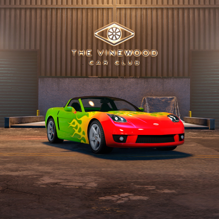 Invetero Coquette D5 in the Flames livery in the Vinewood Car Club.