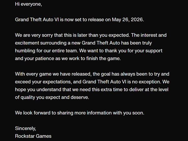 Сообщение о переносе GTA 6 на официальном сайте Rockstar.