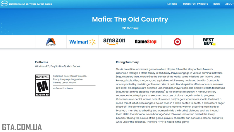 Сторінка Mafia: The Old Country на сайті ESRB.