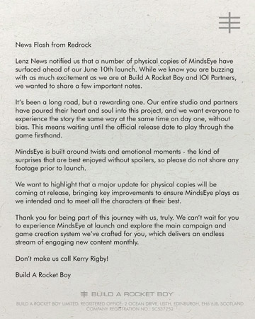 An open letter from Build a Rocket Boy regarding MindsEye spoilers.