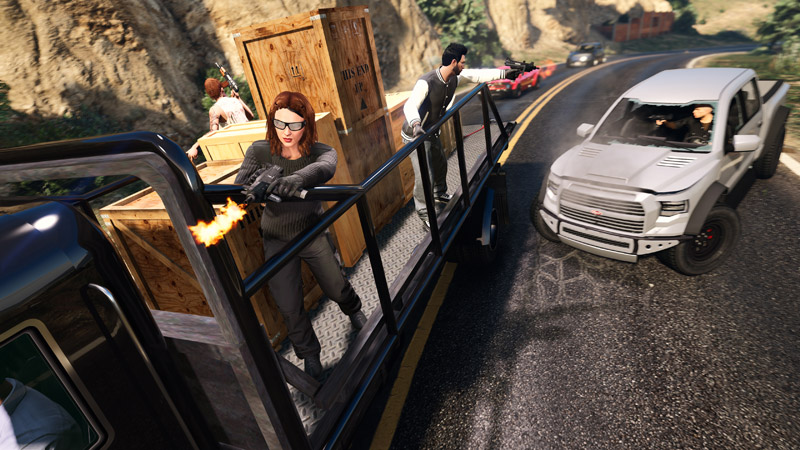 Here we see a flatbed truck on the left. The gray pickup on the right closely resembles the one belonging to Bryan from GTA 6, as seen in the opening seconds of Trailer 2, as well as the one in the background of the previous image.