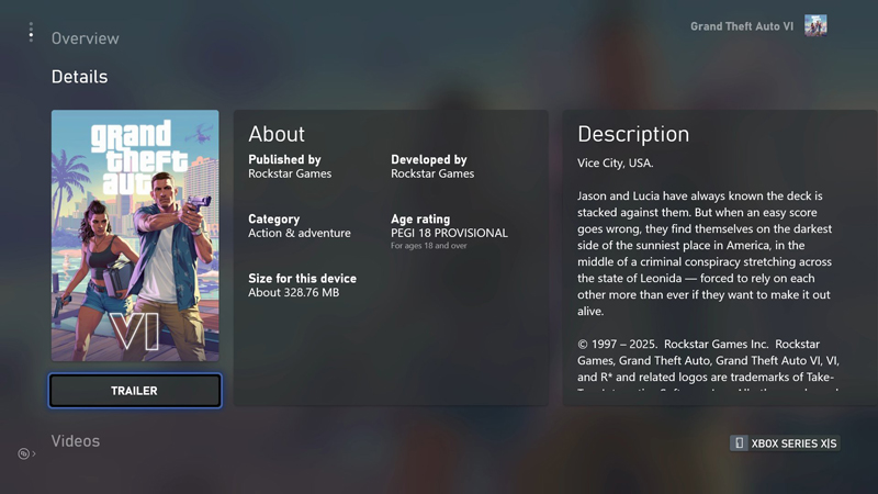 Описание GTA 6 в Xbox Store.