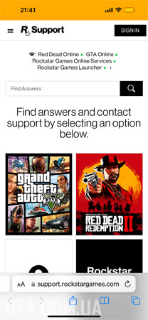 Старый дизайн сайта техподдержки Rockstar Games для мобильных устройств.
