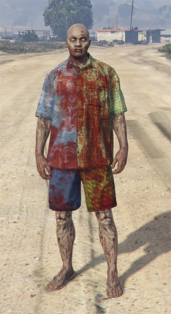 A regular zombie on Cayo Perico. Note that half of his shirt resembles the one Tommy Vercetti wore in GTA: Vice City.