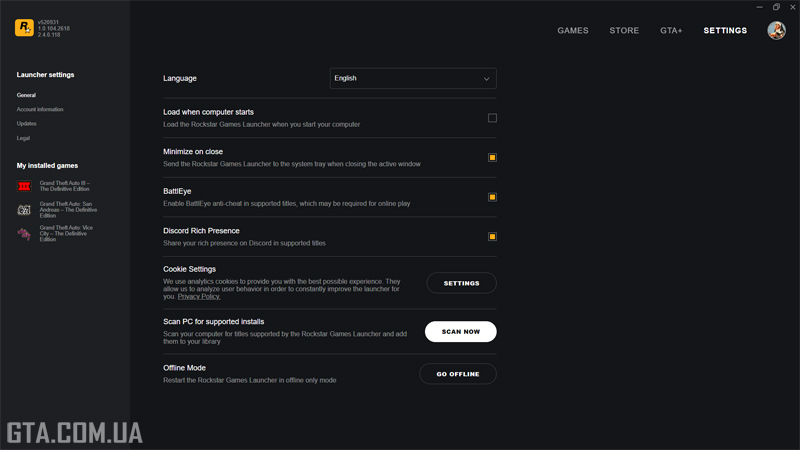 RGL settings where Rich Presence can be disabled for Rockstar titles.