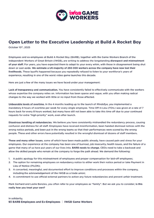 Открытое письмо сотрудников студии Build a Rocket Boy.