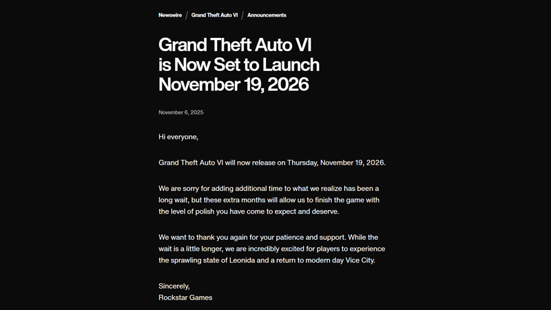 Объявление о втором переносе GTA 6 на сайте Rockstar Games.