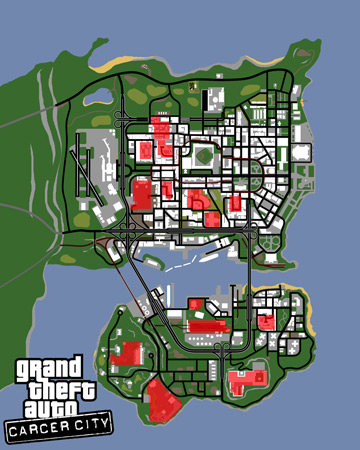 Мапа GTA: Carcer City з позначеними районами, які були задіяні в Manhunt 1.