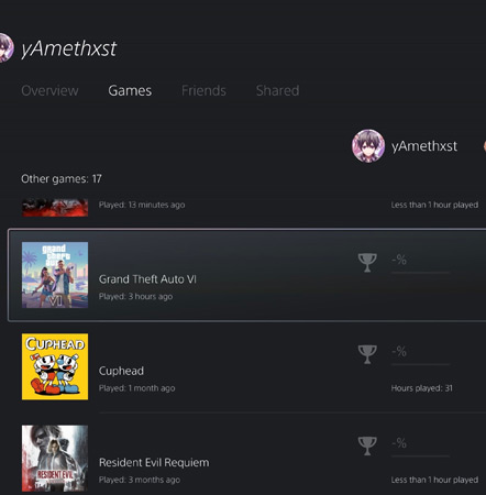 Mock GTA VI gameplay statistics on PlayStation 5 dashboard.