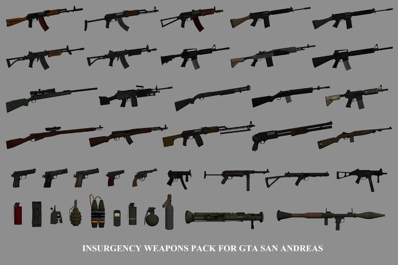 Пак оружия. GTA San Andreas Weapon Pack. Пак оружия для ГТА Сан андреас. Оружие из Insurgency. GTA San Andreas Weapons Mod Pack.